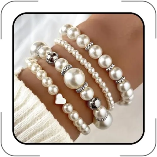Vista 7 de Pulseras de perlas para mujer, pulsera de perlas de imitación con cuentas de perlas blancas, juego de pulseras elásticas apilables, pulseras