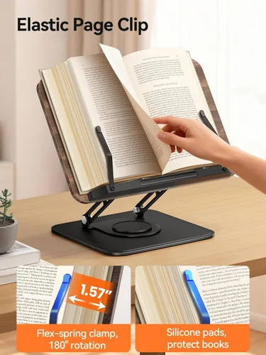 Vista 6 de Tounee Soporte para libros, soporte giratorio de 360°, soporte ajustable para libros de cocina para leer manos libres, soporte plegable para libros