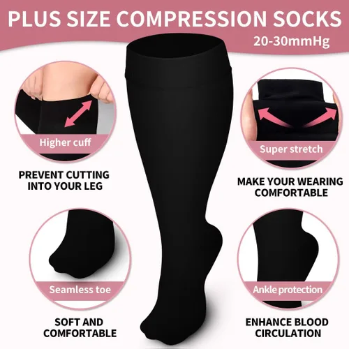 Vista 5 de Laite Hebe Calcetines de compresión de talla grande para mujeres y hombres, 3 pares de pantorrilla ancha hasta la rodilla, soporte alto