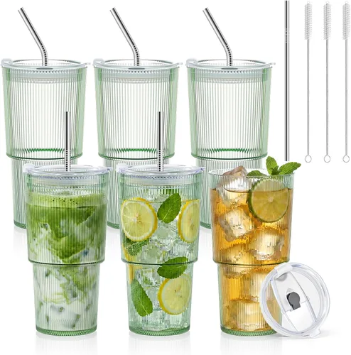 Vista 17 de 2 vasos de plástico de 15 onzas con tapas y pajita, tazas de plástico reutilizables para café helado, a prueba de fugas, vasos de viaje para café