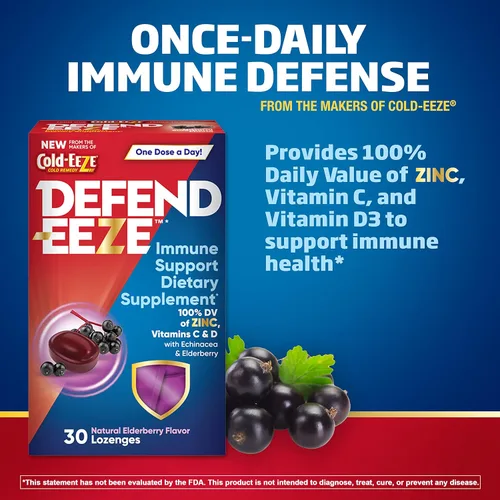 Vista 2 de Defend-EEZE - Pastillas de suplemento dietético de apoyo inmunológico, 100% valor diario de zinc, vitaminas C y D por dosis, con equinácea y saúco