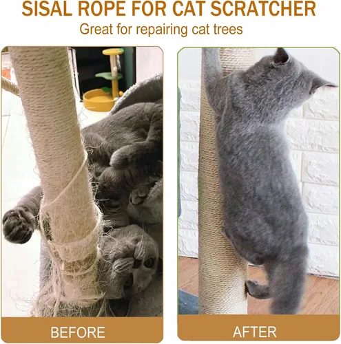 Vista 2 de Cuerda de sisal para rascador de gatos, cuerda para rascar gatos de 0.118 in 656 pies cordel de yute para rascar postes, reparar, recuperar