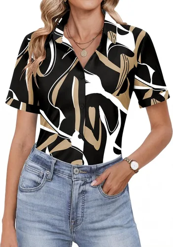Vista 7 de HOTOUCH Camisas con botones para mujer, camisas de vestir de manga corta, blusas casuales de negocios, blusa de trabajo de oficina