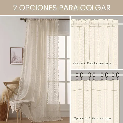 Vista 10 de WAZZIO Cortinas de Encaje, Cortina Boho de Crochet para Dormitorio, Cortinas de Café de Algodón, 45 Pulgadas de Largo, 2 Paneles con Bolsillo
