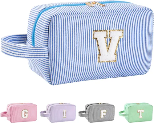 Vista 159 de Bolsa de maquillaje personalizada con inicial A-Z para mujeres, niñas y niños, bolsa de aseo de viaje, bolsa de maquillaje preparada, bolsa