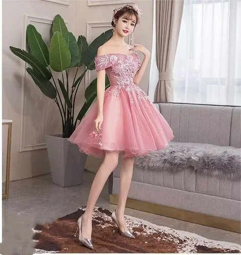 Vista 3 de Dydsz Vestido corto de tul con apliques de hombro descubierto para mujer, vestido de fiesta de graduación para adolescentes y jóvenes