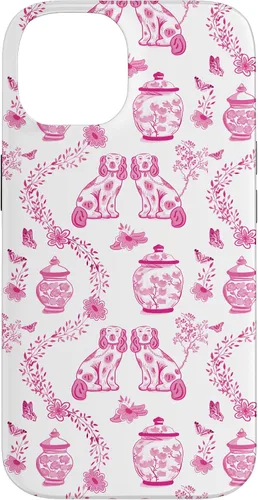 Vista 4 de Preppy - Carcasa para iPhone 16, diseño de perros y tarros de jengibre, color rosa y blanco