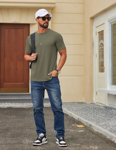 Vista 5 de COOFANDY Camiseta de manga corta para hombre, de mezcla de algodón, cuello redondo, informal, para verano, básica Verde militar