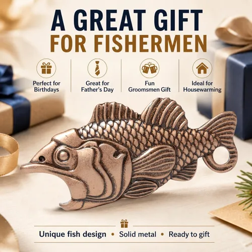 Vista 8 de Abrebotellas de pescado para hombres – Abrebotellas de pesca de cobre antiguo, abridor detallado de cerveza de bajo de boca grande, regalo