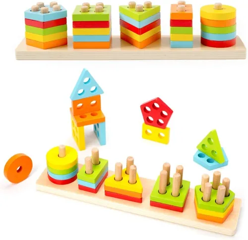 Vista 2 de Wood City Juguetes Montessori de madera para niños y niñas de 1, 2 y 3 años, juguetes de clasificación y apilamiento para niños pequeños
