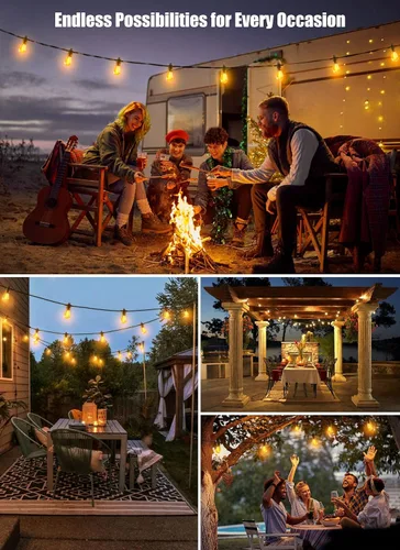 Vista 7 de Minetom Tira de luces solares de 34 pies para exteriores con control remoto, luces de patio con 10 bombillas LED inastillables y ganchos, enchufe