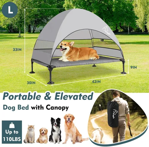 Vista 7 de Cama elevada mejorada para perros con toldo, cama elevada portátil para perros al aire libre con pies antideslizantes estables, cama para mascotas