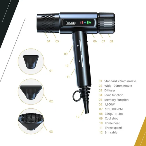 Vista 4 de Wahl Professional Vanquish - Secador de pelo, flujo de aire controlado, motor SmoothTone, 4 ajustes de calor y 3 velocidades, función de limpieza