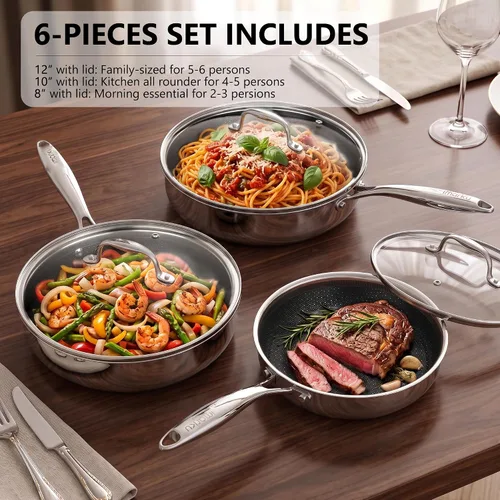 Vista 2 de imarku 8, 10 and 12-Inch Non Stick Frying Pans with Lids, Ceramic Coating