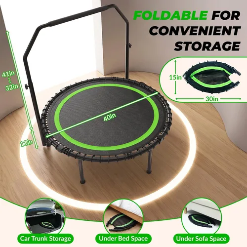 Vista 4 de Mini trampolín rebotador de 40 pulgadas para adultos, carga de 440 libras, color verde Foldable Indoor Trampoline with PP Mat, Alloy Steel Frame