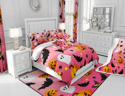Vista 6 de Manfei Juego de sábanas de Halloween tamaño individual, juego de ropa de cama de farol de calabaza fantasmas para niños y niñas, decoración