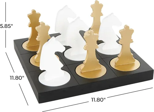 Vista 5 de Deco 79 Juego de ajedrez de madera para decoración del hogar, juego de mesa decorativo con piezas doradas y blancas, juego de mesa de 12 x 12 x 6