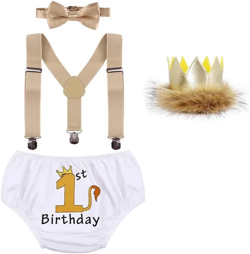 Vista 7 de Conjunto de ropa de bebé niño León Fox Cake Smash Wild One 1er cumpleaños Bloomers cubierta de pañales, tirantes y corbata de moño