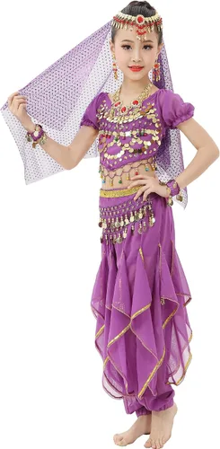 Vista 10 de Astage Girls Belly Dance Costume Short Sleeve Top Skirt Hip Scarf Cosplay All Set Green-b