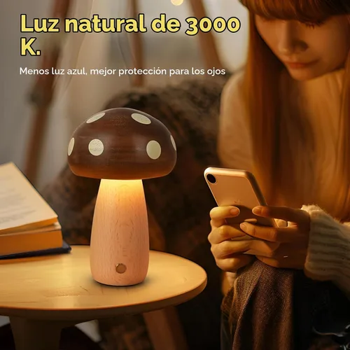 Vista 3 de LONRISWAY Paquete de 2 lámparas de mesa LED de madera con forma de hongo, lámparas pequeñas recargables inalámbricas táctiles, luz nocturna
