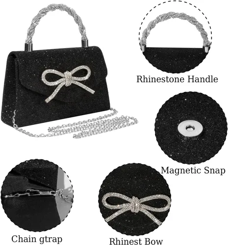 Vista 6 de Bolso de noche para mujer, con lazo brillante, para boda, con diamantes de imitación, bolsos elegantes para fiestas, bailes de graduación