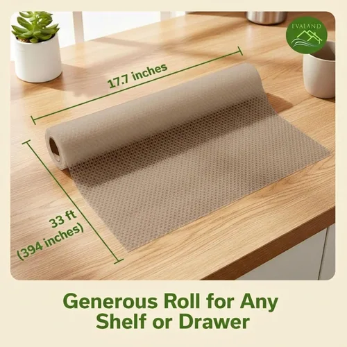 Vista 2 de EVALAND Revestimientos de estantes para gabinetes de cocina sin adhesivo de 12" x 33 pies, color beige, forro para cajones antideslizante, lavable