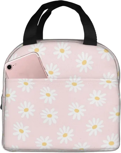 Vista 12 de Lonchera Kawaii con diseño de margaritas azules para mujeres y hombres, bonita lonchera aislada con bolsillo frontal para el trabajo, picnic y viajes