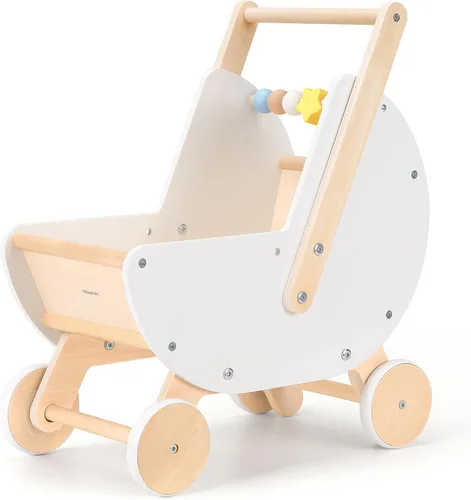 Vista 9 de Pillowhale Andador de madera y cochecito de muñeca – Carro de empuje con mango ajustable, antipunta, ruedas silenciosas, carrito de compras