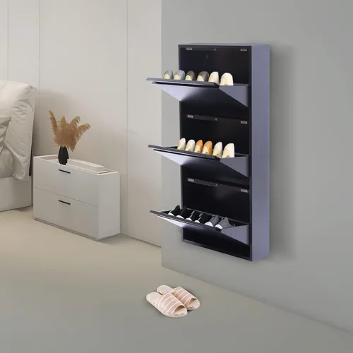 Vista 6 de Zapatero moderno de 3 capas montado en la pared, almacenamiento de zapatos de metal sin montaje, organizador de zapatos, estante para zapatos