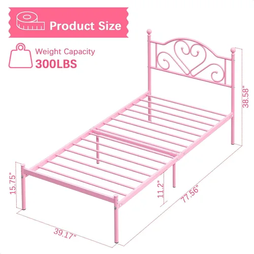 Vista 2 de Weehom Base de cama individual con cabecero, plataforma de metal resistente debajo de la cama, espacio de almacenamiento fácil de montar para niños