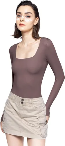 Vista 37 de PUMIEY Body sexy de manga larga con cuello cuadrado para mujer, colección Smoke Cloud