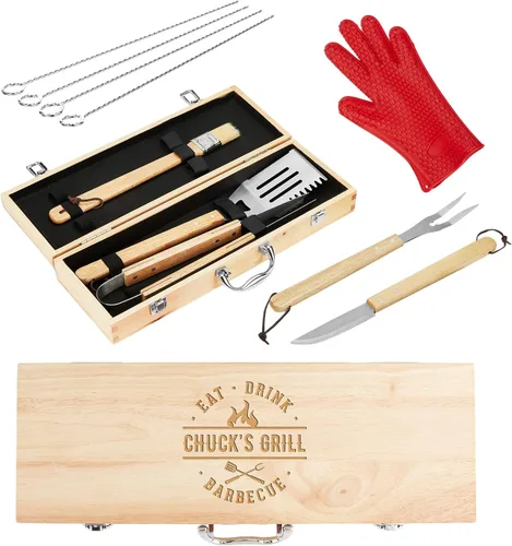Vista 13 de Juego de parrilla BBQ de 11 piezas con caja de madera de arce grabada, herramientas de barbacoa de acero inoxidable premium con mangos de madera