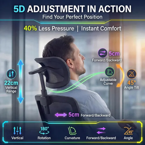 Vista 5 de Silla de oficina ergonómica con reposapiés y masajeador lumbar ajustable, respaldo alto, grande y alto, silla de escritorio con reposacabezas 5D