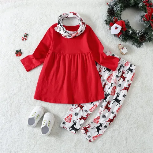 Vista 7 de Conjunto de ropa de Navidad de manga larga con vuelo y bufanda para niña pequeña, conjunto de ropa de Navidad