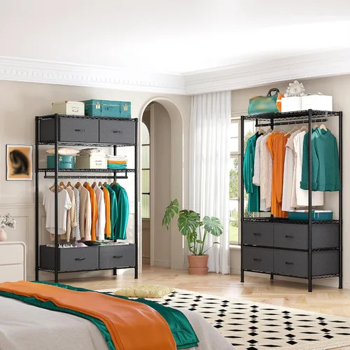 Vista 3 de Raybee Perchero con 4 cajones y estantes, perchero resistente para colgar ropa, portátil, resistente y duradero, negro
