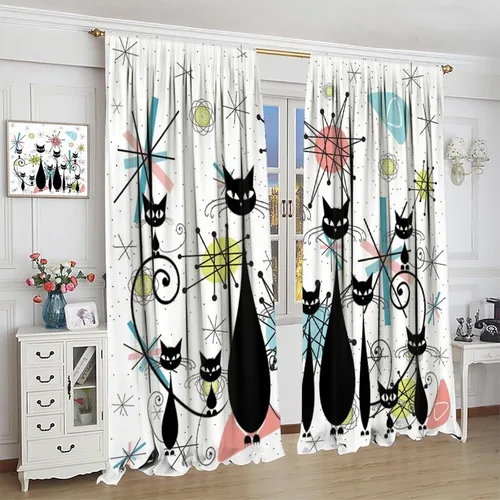 Vista 4 de Cortinas de estilo de mediados de siglo, diseño geométrico abstracto moderno, diseño retro, estampado de gato negro, para dormitorio, sala de estar