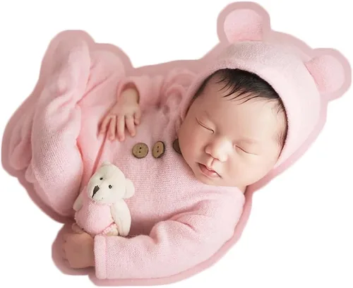Vista 13 de Zeroest Traje de fotografía para recién nacido, accesorios para sesión de fotos de bebé, accesorios de oso para fotos de bebé recién nacido