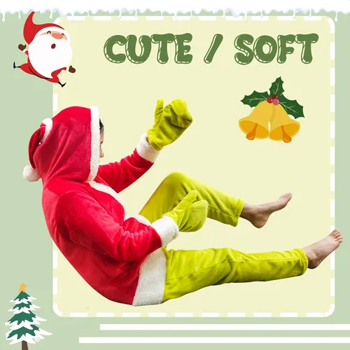 Vista 5 de Mono de Papá Noel, monstruo verde, unisex, para adultos, pijama con capucha de Navidad, disfraz de fiesta