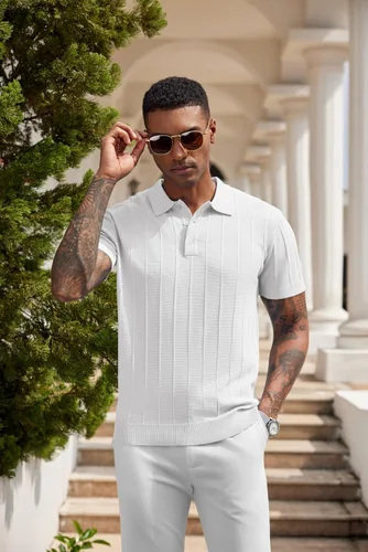 Vista 131 de COOFANDY Camisas polo de punto para hombre de manga corta con textura acanalada Camisas de golf casuales y ligeras con cuello Camiseta de polo