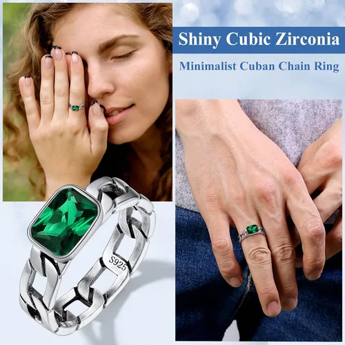 Vista 3 de Silvora Anillo de cadena de eslabones cubanos con circonita de plata de ley, regalo de compromiso de boda con embalaje delicado