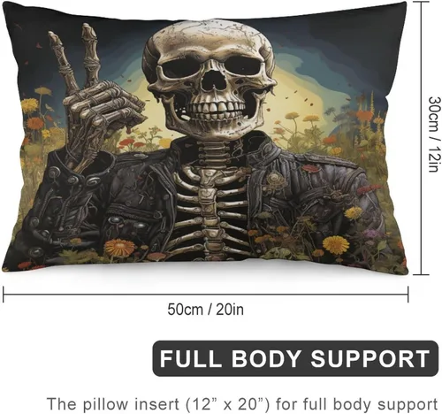 Vista 2 de Funda de almohada divertida de calavera de Halloween de 12 x 20 pulgadas, funda de almohada rústica de Halloween con cremallera oculta, suave