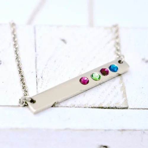 Vista 2 de Birthstone Bar Necklace, Custom Horizontal Bar Necklace, Mother Nana Grandma Present, Skinny Silver