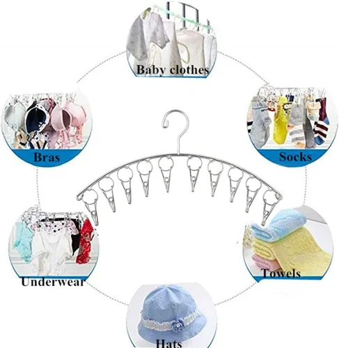 Vista 5 de Percha de secado de ropa de acero inoxidable fuerte con 10 pinzas para la ropa, ahorro de espacio para interiores, organizador de ropa, manoplas 10