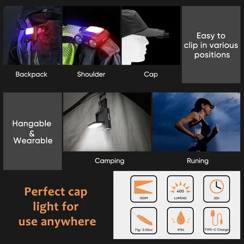 Vista 7 de Luz LED con clip para sombrero de 400 lúmenes, recargable con sensor de movimiento, 180° ajustable, manos libres, linterna frontal para camping