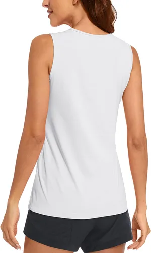 Vista 2 de MAGCOMSEN Camisetas de entrenamiento sin mangas para mujer, de ajuste seco, absorben la humedad, para gimnasio, protección solar