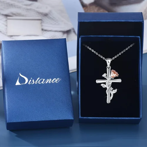 Vista 6 de Distance S925 Sterling Silver Rose Flower Necklace, Rose Bracelet, Two-Tone Cross Pendant Necklaces for Women Girls Gift for Valentine Birthday
