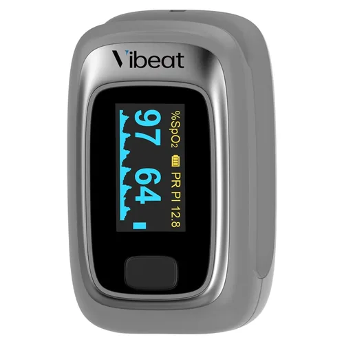 Vista 10 de Vibeat - Oxímetro de pulso de dedo, monitor de saturación de oxígeno en sangre, sensor de O2 de dedo con frecuencia cardíaca, baterías y cordón Negro