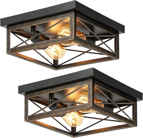 Vista 8 de Lámpara de techo de bronce cepillado para pasillo, lámpara de techo industrial de granja de montaje empotrado de 2 luces, lámpara de cocina de metal