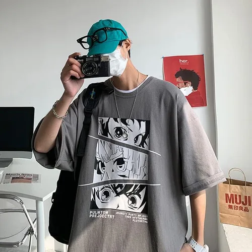 Vista 2 de CYee Camisetas gráficas de anime Dark Academia para hombre, estilo grunge, de manga corta, de gran tamaño, ropa urbana Preppy Cyberpunk Techwear