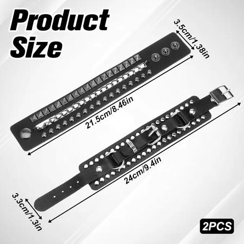 Vista 2 de Apausvcm 2 pulseras de piel sintética para hombres y mujeres, estilo vintage de los años 80, pulsera gótica ajustable negra con tachuelas